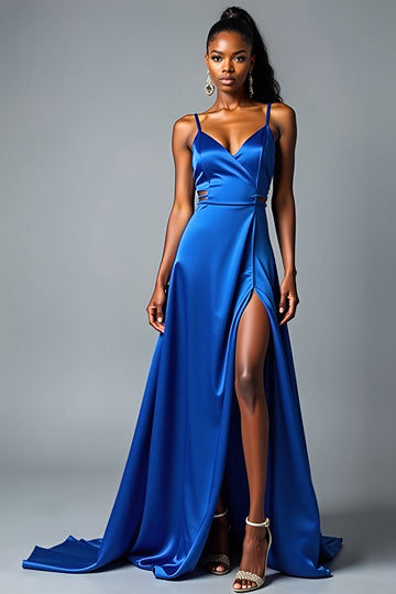 Royal Blue A Line Spaghetti Straps Lång Satin Bal Klänning